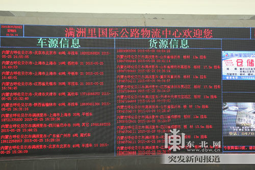 滿洲里國際公路物流中心大屏幕循環播放物流供求信息。東北網記者王忠巖攝